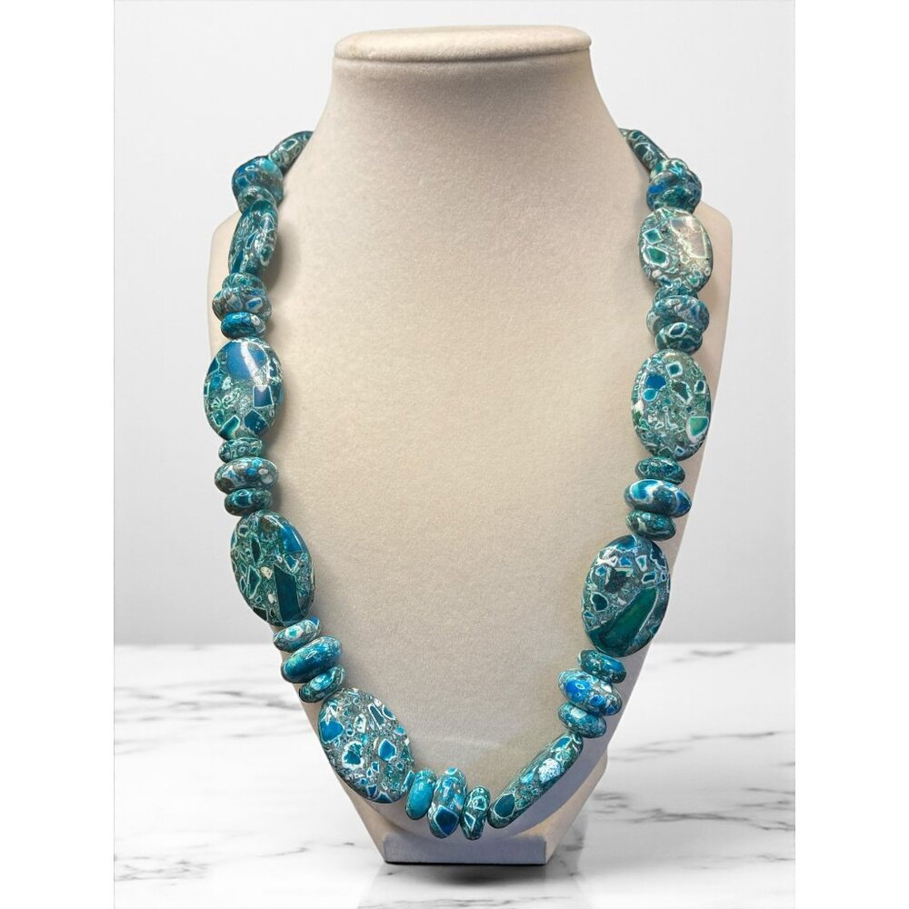 Chunky Aqua Blue & Green Jasper (?) Gemstone Beaded Necklace -27